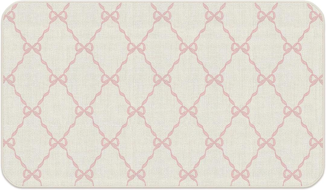 Coquette Pink Ribbon Bow Door Mat, Pink Preppy Doormat Outdoor Indoor Entrance, Preppy Girly Aesthetic Welcome Mats for Outside Entryway Porch, Coquette Bow Bath Mat, 17x30 Inches