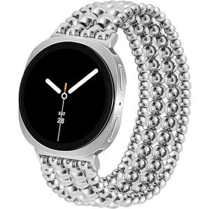 Dressy Beaded Bracelet Compatible with Samsung Galaxy Watch 8 Band 40mm 44mm/8 Classic 46 mm Women, Fashion Cute Strechy Stainless Steel Beads Strap for Galaxy Watch 8 (Silver Galaxy Watch 8-L(6.2"-7.3"))