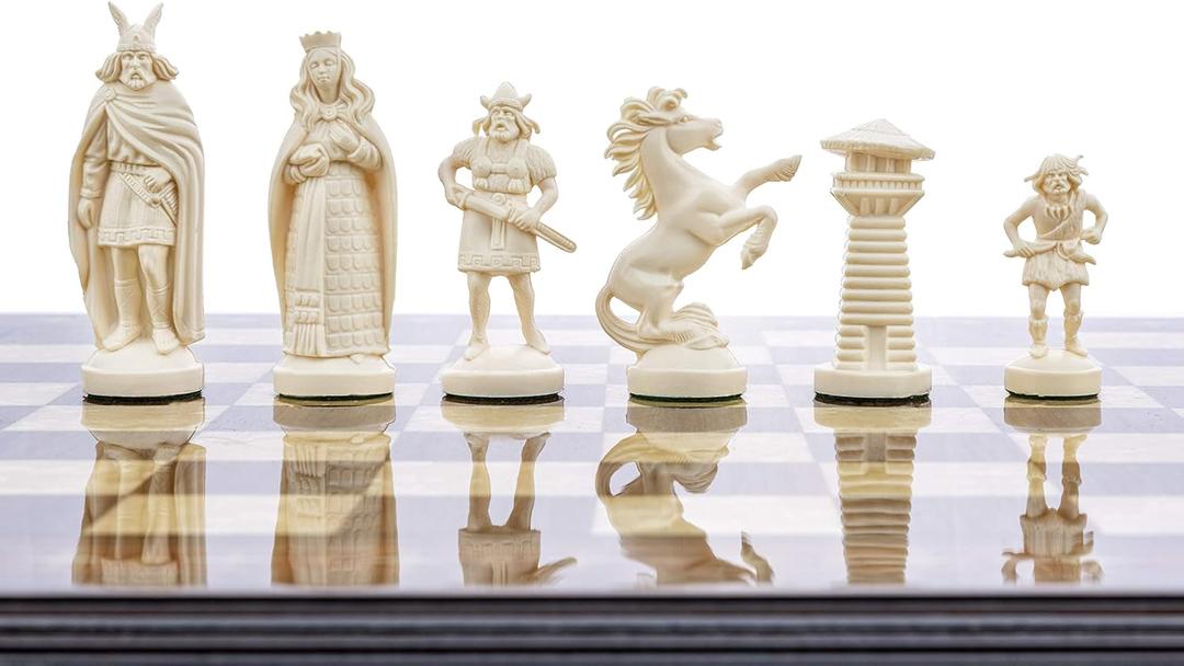 3 3/4" Black & White Viking Plastic Chess Pieces - Felted, Standard Size