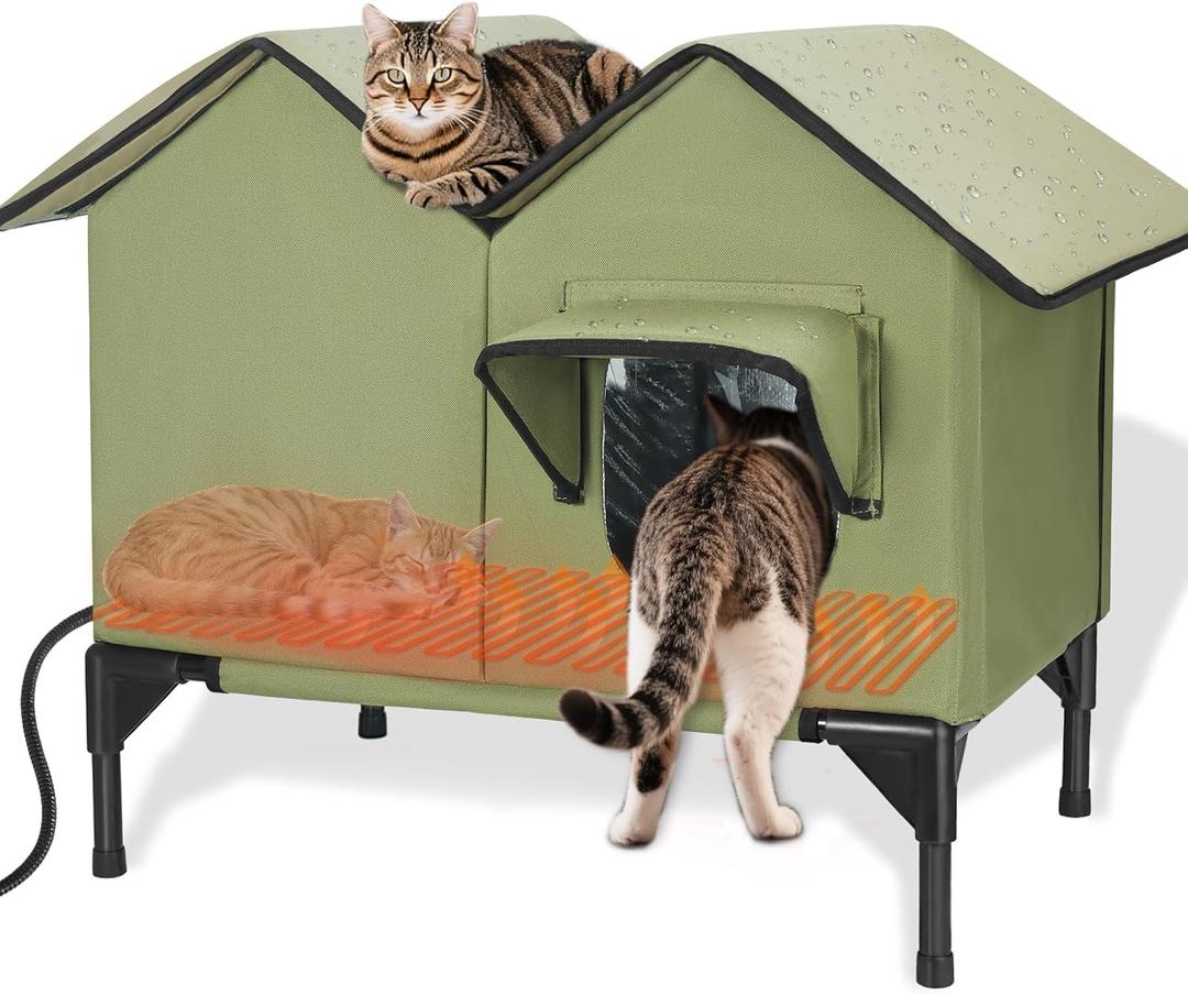 Large Heated Cat House for Outside in Winter, Elevated Waterproof Cat House for Outdoor Cats with Heating Pad, Insulated Heated Outdoor Cat House Weatherproof for Stray Cats Small Dogs (Green)
