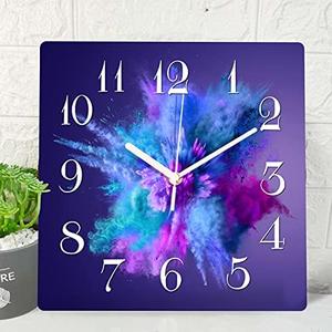 Wooden Wall Clock Silent Non-Ticking ,Purple Blue Pink Gradient Color Abstract Watercolor Wooden Square Rustic Coastal Wall Clock Decor for Home Kitchen Living Room Office, Battery Operated(12 Inch)