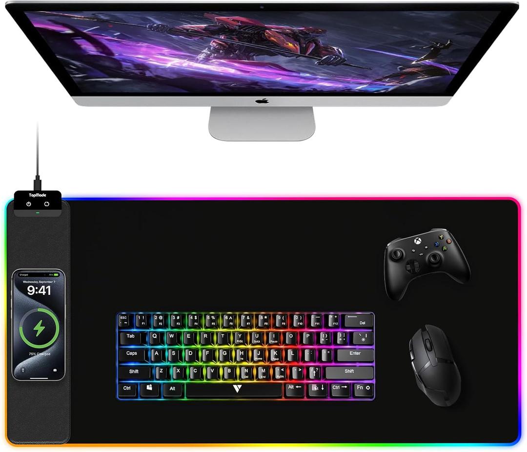 TopMade Mouse Pad with Wireless Charging, 31.5" x 15.75" Large Desk Mat RGB Gaming Mousepad, LED Desk Pad Keyboard Pad with Ultra-Smooth Surface & Non-Slip Rubber Base, Waterproof Desk Pad