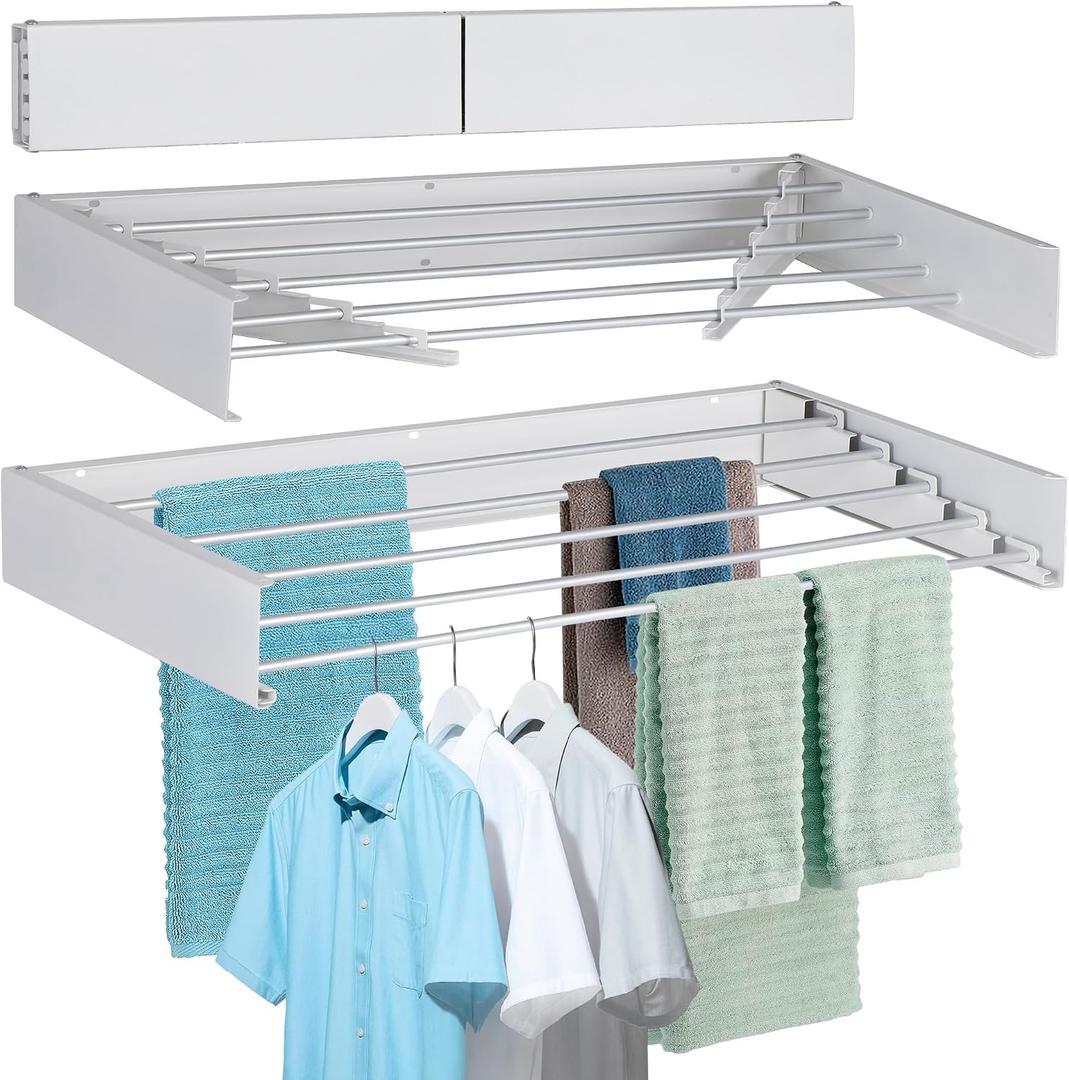 FOCHIER F Laundry Drying Rack Wall Mounted Clothes Drying Rack Collapsible with 5 Aluminum Rods and Drilling Template Long Screwdriver Bit 60 lbs Capacity (White, 40")