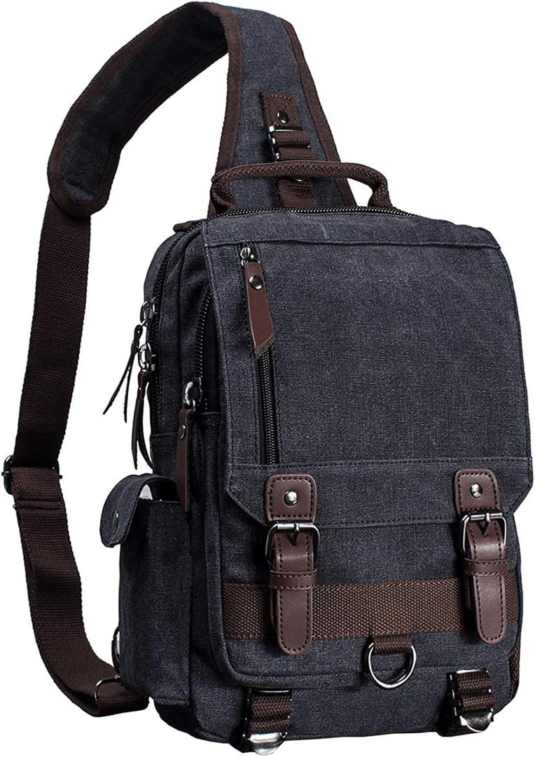 mygreen Canvas Cross Body Messenger Bag Shoulder Sling Backpack Travel Rucksack (Large, Black)