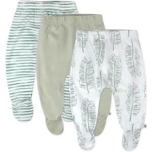 HonestBaby Baby 3-Pack Organic Cotton Footed Harem Pants, Jumbo Leaf Sage, 0-3 Months