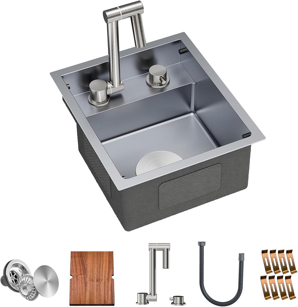 TORVA RV Kitchen Sink, 13 x 15 x 7 Inch Undermount Bar Sink 16 Gauge Stainless Steel Single Bowl Sink with Foldable Faucet Cutting Board, Grey