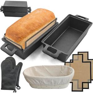 2-In-1 Cast Iron Oven Pan - 9"x5" Durable Loaf Pans Rectangular Baking Pan with Banneton Bread Proofing Basket set for home baking, 2 Piece Set -1.8 QT2 Pcs (Silicone mats, Bread Pan 4 Set)