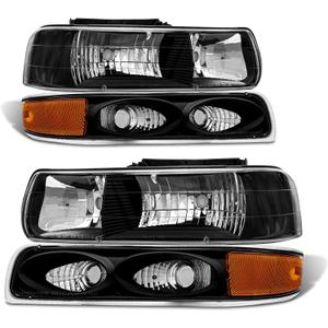 Headlight Assembly for 1999 2000 2001 2002 Chevy Silverado 1500 2500/1500HD 2500HD 3500/2000-2006 Tahoe/Suburban Black Housing Amber Reflector Pair
