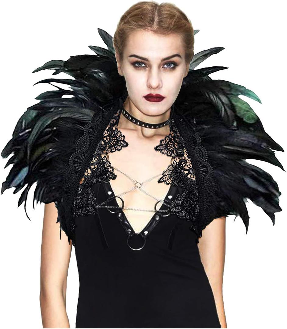 L'VOW Victorian Natural Feather Poncho Capelet Shrug Wrap Lace Collar Shoulder Halloween Witch Shawl Costumes
