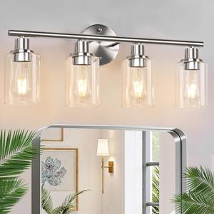 4-Light Bathroom Light Fixtures, Brushed Nickel Modern Vanity Lights Over Mirror with Clear Glass Shade, Bathroom Wall Lamp for Mirror Kitchen Living Room Hallway Cabinet Porch Bedroom Reading room