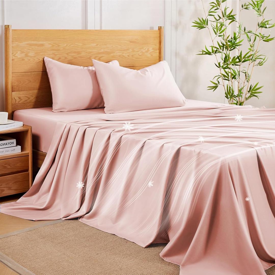 MR&HM Full Size Bed Sheets, 4-Piece Cooling Sheets, Rayon Derived from Bamboo & Polyester Blend, Soft & Silky, 15" Deep Pockets with Elastic Straps, Hotel Luxury for Hot Sleepers, Pink