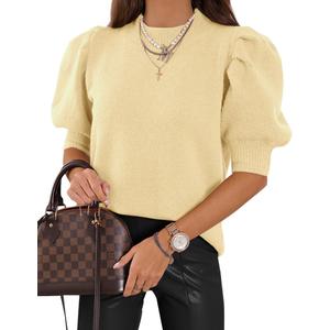 Women's Puff Short Sleeve Sweater Tops 2025 Spring Summer Trendy Crew Neck Casual T Shirts Blouses S