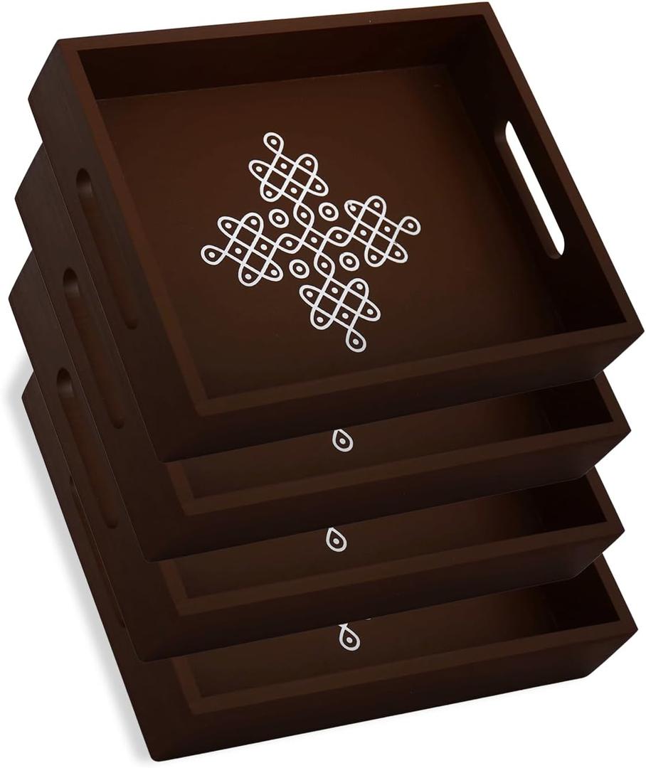Coffee Table Tray with Handles, Return Gifts for Pooja, Return Gifts for Housewarming, Return Gifts, Indian Return Gifts, Indian Return Gifts for Pooja Bulk - 10" X 8" X 2" Size (4, Brown)