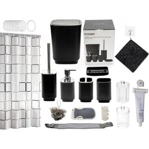 29pcs, Bathroom Accessories Set, Bathroom Accessory Set with Trash Can, Bathroom Shower Curtain Sets, Shower Curtains for Bathroom Sets, Black Restroom Decor and Accessories