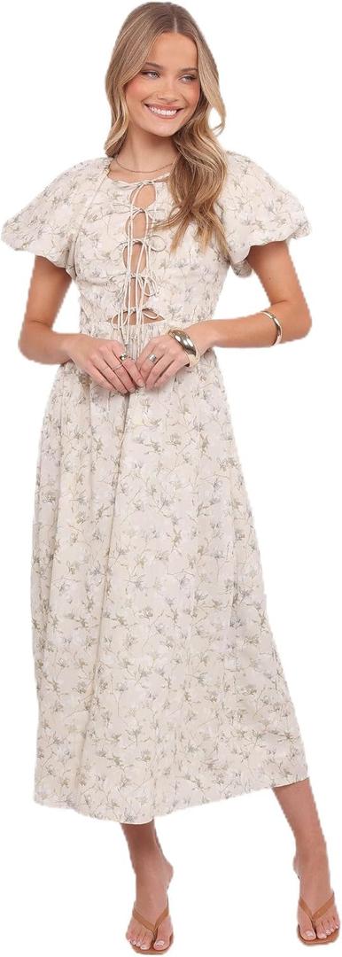 Petal & Pup Women's Kathleen-Maxi-Dress-Light-Beige-Green-Floral Medium
