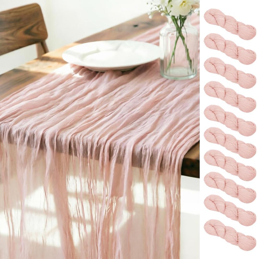 LINXTAR Dusty Pink Cheesecloth Table Runner 10 Pack 120 Inches 10Ft Gauze Summer Boho Table Runner for Wedding Tea Party Baby Shower Bridal Birthday Home Decoration