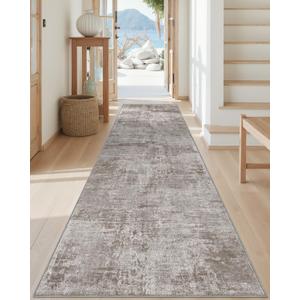 DEXI Hallway Washable Runner Rug 3x12, Modern Abstract Soft Thin Kitchen Runner with Non Slip Backing, Low Pile Entryway Floor Rug, Stain Resistant Carpet for Bedroom Living Room, Grey Brown