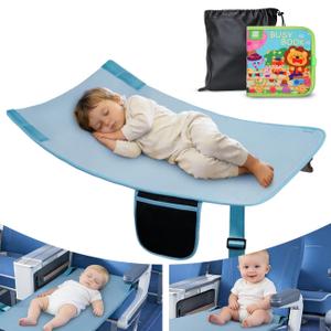 Toddler Airplane Bed, Kids Airplane Seat Extender with Farm Busy Book, Travel Bed for Flights, Footrest for Long Flights, Anti-Slip Soft Velvet, Machine Washable, Blue