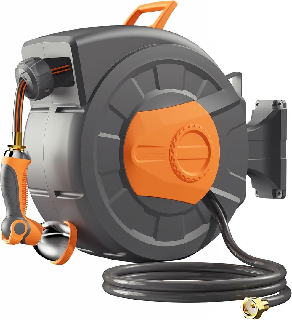 Retractable Garden Hose Reel 100 FT, 1/2" Heavy Duty Garden Hose 435 PSI Burst Pressure, Wall Mounted Water Hose Reel with 10-Pattern Nozzle, 180 Swivel, Slow Auto Rewind & Any Length Lock (Gray & Orange)