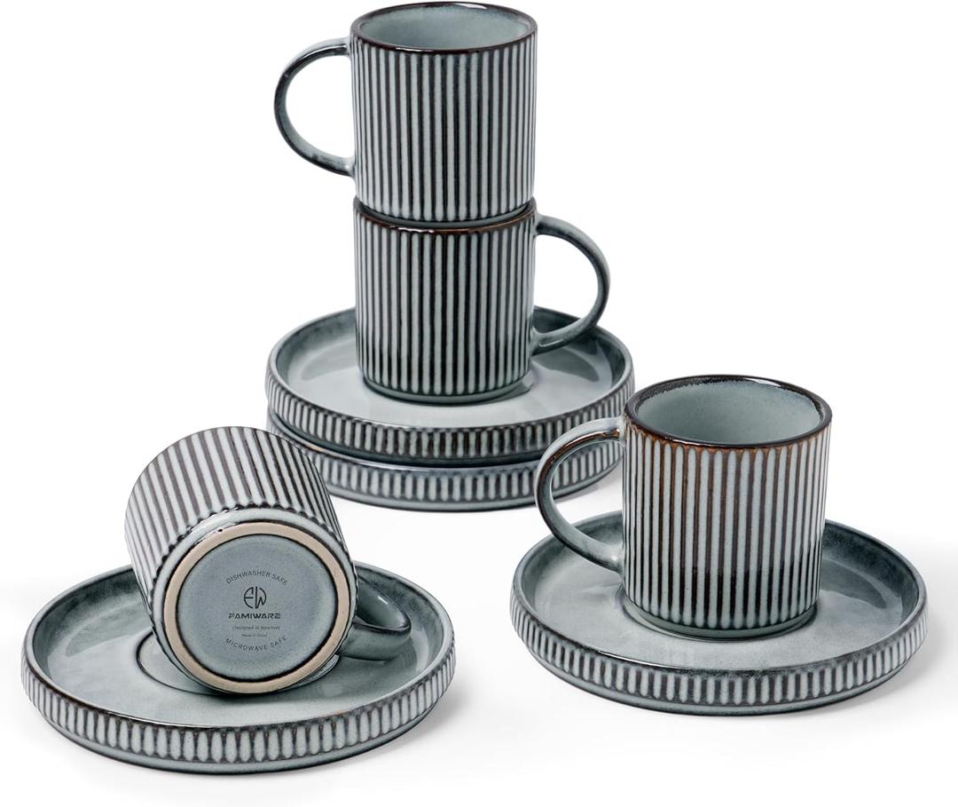 famiware Star Espresso Cups and Saucers Set of 4, [ Mini ] 3 oz Ceramic Small Coffee Mug with Handle, Ribbed Stoneware Demitasse Cup for Tea, Latte - Microwave & Dishwasher Safe - Smoky Blue