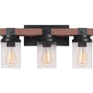 Farmhouse Vanity Light Fixtures, 3-Light Rustic Bathroom Lights Over Mirror with Pretty Glass Shade, Industrial Black Metal Wood Wall Decor Sconces for Living Room Hallway Stairway