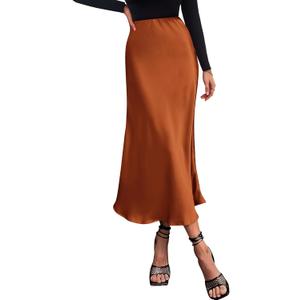 BTFBM 2025 Womens Summer Fall Long Satin Skirt Silk Elegant High Waist Cocktail Party Wedding Flowy A-Line Midi Skirts (Rust Red, Small)