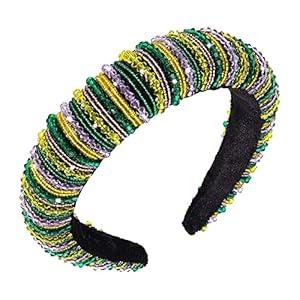 Vokone Mardi Gras Beaded Headband Bejewelled Crystal Bead Padded Headband Statement Mardi Gras Costume Headwear Hair Accessory, Crystal Beaded
