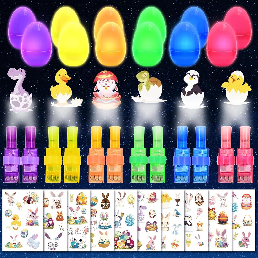 Easter Basket Stuffers, 24PCS Prefilled Easter Eggs with Finger Projector Lights & 10 Sheets Luminous Tattoos, Easter Gifts for Kids, Glow in The Dark Plastic Easter Eggs Filled Easter Decorations