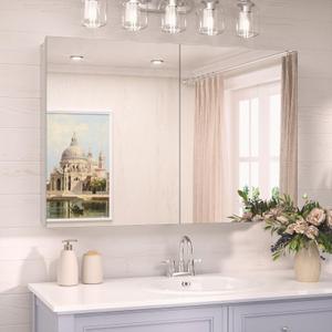 TokeShimi 36x24 Medicine Cabinet Mirror with Storage Tempered, Aluminum Surface Mount or Recessed Medicine Cabinet Silver with Adjustable Shelves for Bathroom Wall Cabinet Farmhouse