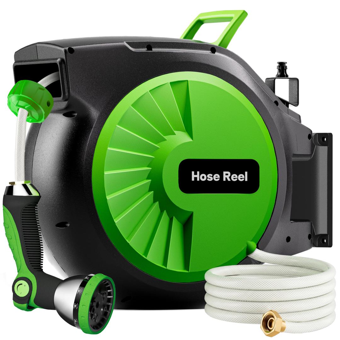 Retractable Garden Hose Reel 150FT x 1/2 in, Wall Mount Water Hose Reel for Outside with Auto Rewind, Tangle-Free Guide, 180 Swivel Bracket, Lock at Any Length, High-Pressure Flow, 10-Pattern Nozzle