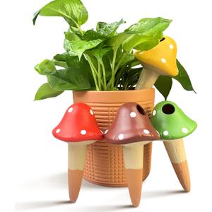 FirstGift 4 Pack Plant Self-Watering Stakes Terracotta Automatic Plant Waterer Devices Watering Globes Self-Watering Clay Planters Devices Perfect for Vacation Garden Plant Care (Mushroom)