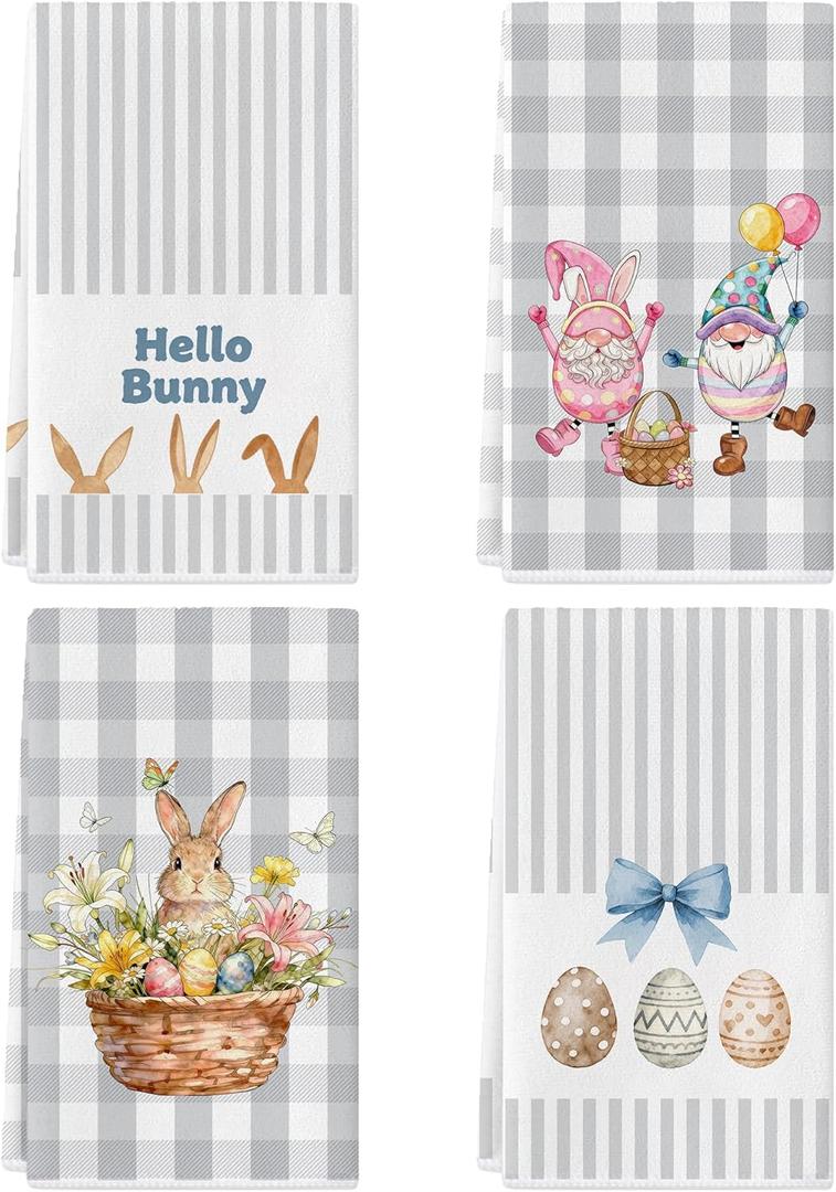 Buffalo Plaid Easter Kitchen Towels,Cute Rabbit Bunny Eggs Dish Towels Set of 4, Funny Gray Hand Towels 17x27 Inch,Spring Farmhouse Home Decoration, Floral Basket Tea Cloths (Easter-Gray)