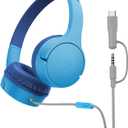 Belkin SoundForm Mini Kids Wired Headphones w/USB C to 3.5mm Dongle, Built-in Mic & Fun Stickers, 85dB Max Volume for Online Learning, Travel, Compatible w/iPhone 16, iPad, Galaxy S25, etc - Blue