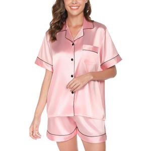 Womens Silk Satin Pajamas Set 2 Piece Satin Pjs Shorts Set Soft Button Down silk Loungewear Sets (Pink, S)