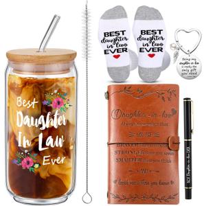5 Pcs Daughter in Law Christmas Gifts from Mother in Law 16 oz Drinking Glass, Best Daughter Ever Socks Keychain Hardcover Leather Journal with Ballpoint Pen for Birthday Mother's Day (Brown)