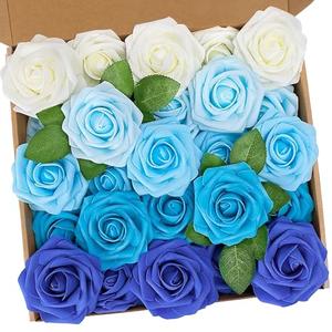 N&T NIETING Blue Roses Artificial Flowers, 25pcs Fake Flowers Rose Perfect for DIY Wedding Bridesmaid Bridal Bouquets Centerpieces Home Flower Arrangement Decoration, Series Blue