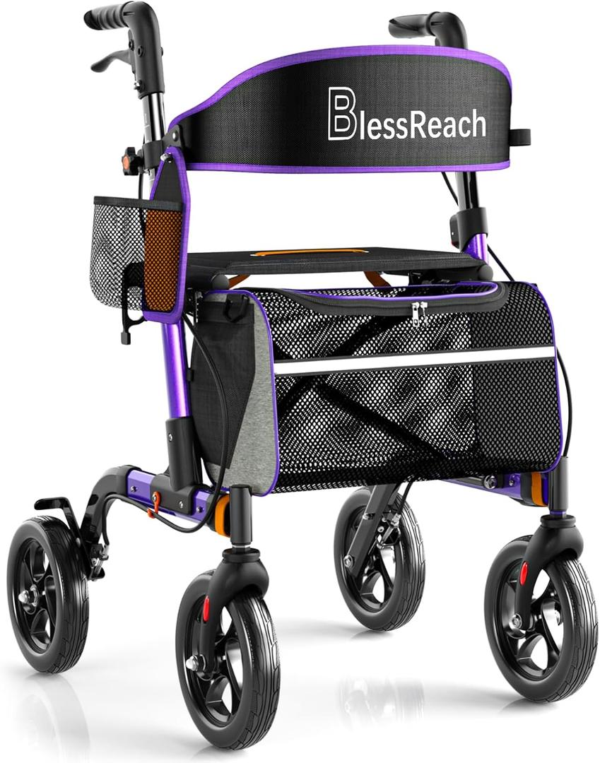 BlessReach Rollator Walkers for Seniors with Seat, Lightweight Aluminum Frame Walkers wiht Seat, 350 lbs Weight Capacity, 8" All-Terrain Wheels, 6-Level Adjustable Height, Purple
