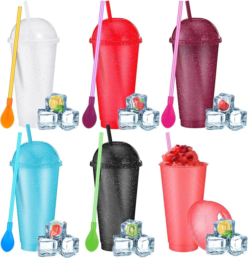 6 Set Slushie Cups with Dome Lids and Straws Detachable Spoon Straws Reusable Plastic Iced Coffee Cups Smoothie Tumbler for Birthdays Summer Party Supplies(Dark Colors,24 oz)