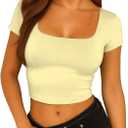 ForeFair Womens Square Neck Going Out Crop Tops Double Lined Tshirts Summer Short Sleeve Tight Tees (Yellow, S)