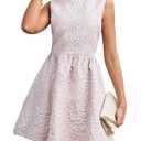 Ladyful Women's Sleeveless Floral Jacquard Mini Dress Fit and Flare Cocktail Dress with Bow A-Line Party Skater Dresses Khaki, S