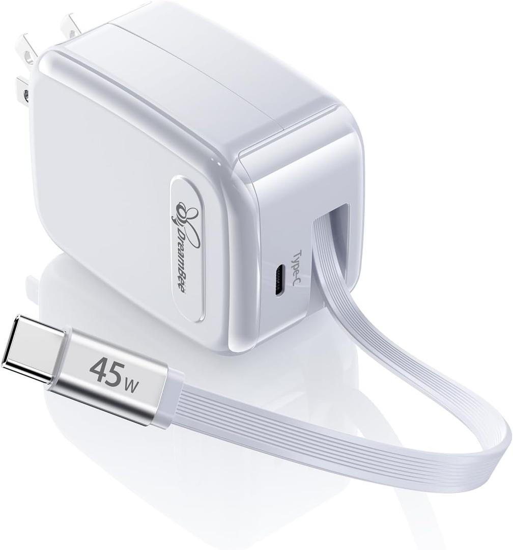DreamBee Retractable Wall Charger Plug for iPhone 17, 45W Fast Charging Foldable Charger with Dual-C Port, Portable Wall Charger Adapter for iPhone 16/15 Pro Max/iPad/Galaxy/Pixel