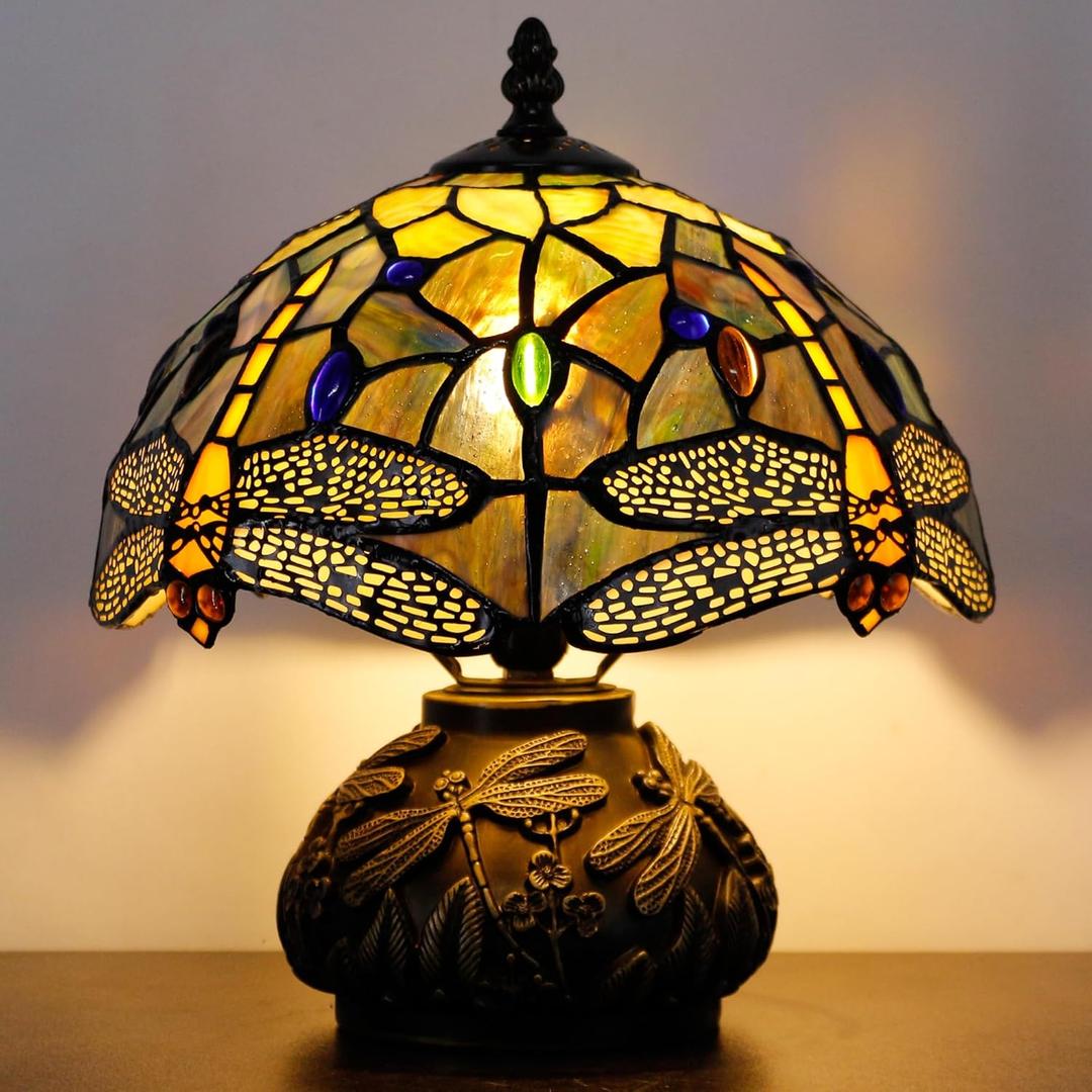 Small Tiffany Table Lamp Brown Dragonfly Style Stained Glass Desk Lamp 10X11.5 Inch Mushroom Table Light for Office Home Living Room Bedroom