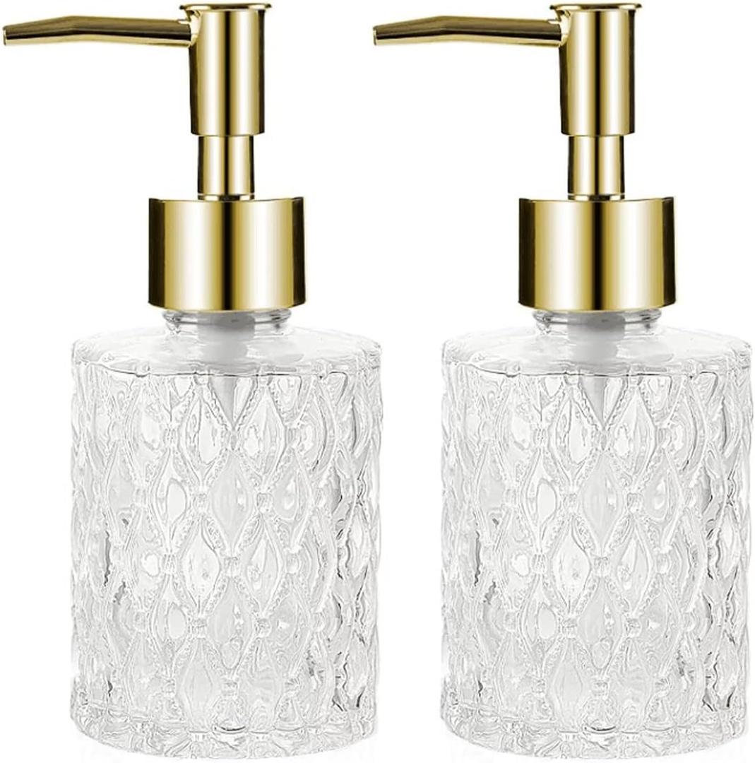 Multipurpose Soap Dispenser Easy to Clean Glass Soap Pump Dispenser Ideal for Bath and Bathroom (2PCS Gold)