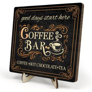 Vintage Coffee Bar Decor Sign,Rustic Wooden Plaque for Java Station, Kitchen,Cafe or Tea Corner, Funny Jave Gift for Coffee Lovers (Black, 5.9x5.9inches)