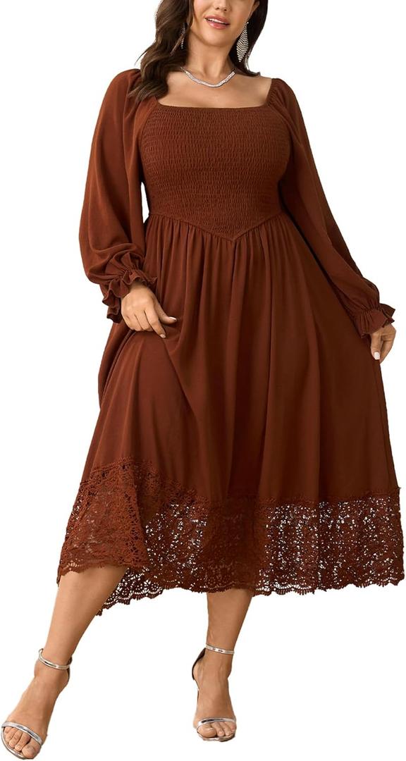 2 x SHESTARR Women's Plus Size Maxi Dress Long Sleeve Square Neck Smocked Flowy A-Line Lace Trim Wedding Guest Dresses (XXL)