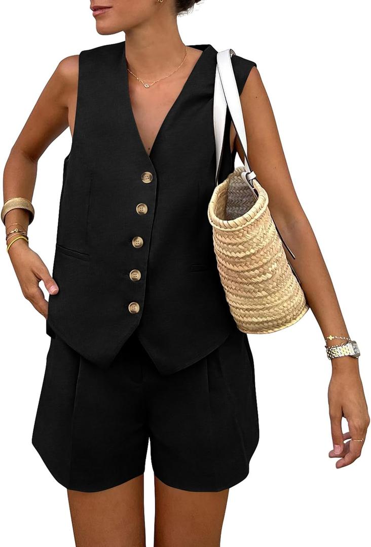 PRETTYGARDEN Women's Summer 2 Piece Outfits Sleeveless Matching Sets Button Down V Neck Vest Waistcoat and Pockets Shorts (X-Large, Black)