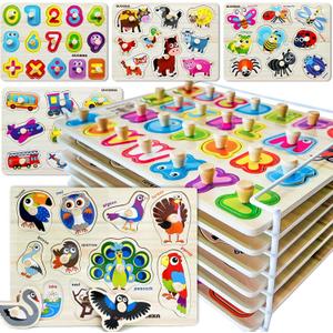 QUOKKA Wooden Puzzles for Toddlers 1-3 - 6XSET Toddler Puzzles Ages 2-4 with Rack - Learning Alphabet - Numbers - Animals Montessori Toy for Kids 3-5 - Wood Games Gift for Boys and Girls