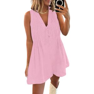 Caracilia Women Oversized Denim Romper Summer Casual V Neck Tie Front Sleeveless Jean Jumpsuits Short Overalls with Pockets (Large, Pink)