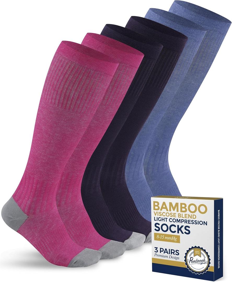 Pembrook Bamboo Viscose Light Compression Socks - 3 Pairs | 8-15 mmhg Compression Socks | Knee High Comfort Support Socks (Medium, Blue/Pink/Purple - 3 Pairs)