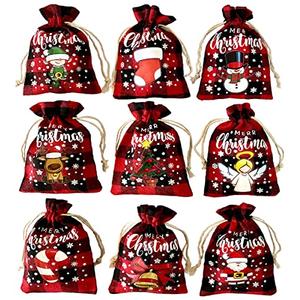 36 Pack Small Christmas Buffalo Plaid Gift Bags, Tiny Burlap Candy Bags with Drawstring for Xmas Stocking Stuffers, 9 Styles: Christmas Tree, Snowman, Santa Claus, Elk, Bell, Stocking